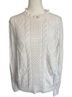 J. Crew cable knit heart sweater 100% cotton white crewneck size M